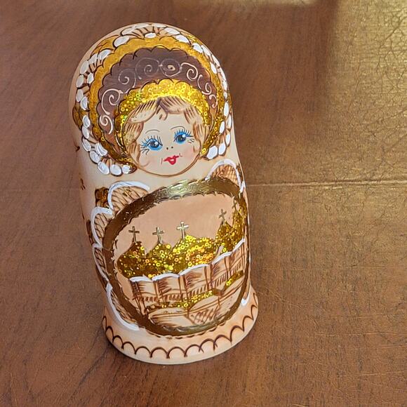 Vtg Russian Burned Wood Hand Painted Matryoshka Nesting Dolls Set of 5 Orthodox - Picture 2 of 14